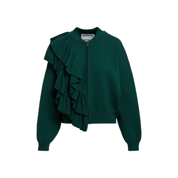 Dark green ruffle-detailed zip-up cardigan