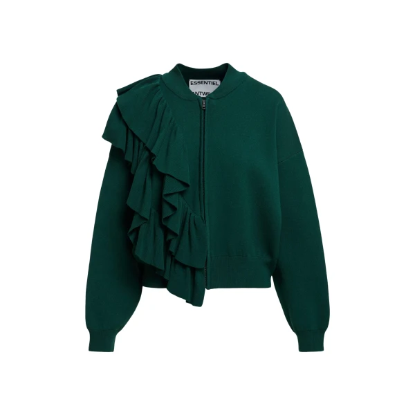 Dark green ruffle-detailed zip-up cardigan