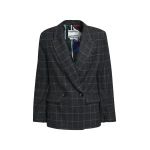 Dark grey and off-white checked double-breasted blazer with underarm zip detail