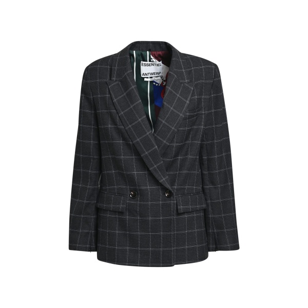 Dark grey and off-white checked double-breasted blazer with underarm zip detail
