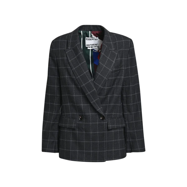 Dark grey and off-white checked double-breasted blazer with underarm zip detail