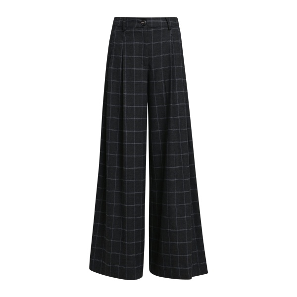 Dark grey and off-white checked wide-leg pants with twisted seam detail
