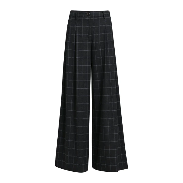 Dark grey and off-white checked wide-leg pants with twisted seam detail