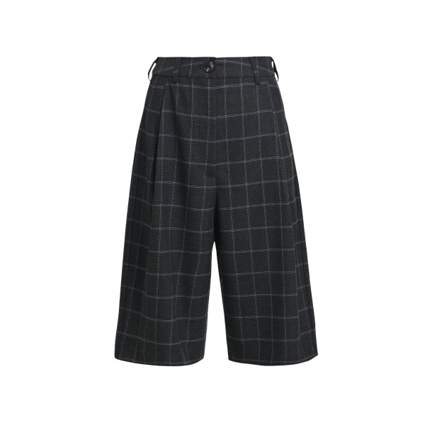 Dark grey and off-white pleated wide-leg bermuda pants