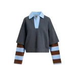 Dark grey layered cotton sweatshirt with brown and blue striped sleeves