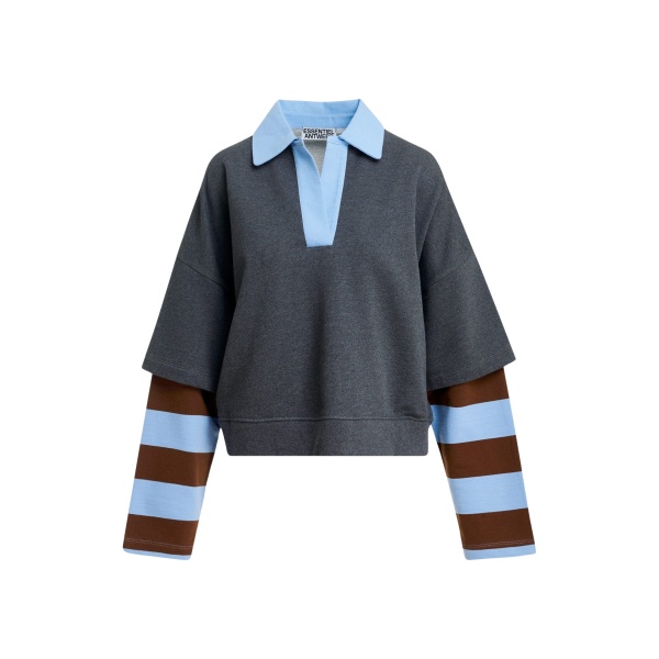 Dark grey layered cotton sweatshirt with brown and blue striped sleeves