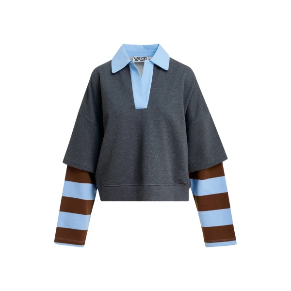 Dark grey layered cotton sweatshirt with brown and blue striped sleeves