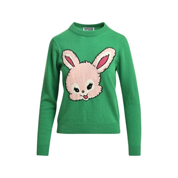 Green and light pink rabbit-intarsia wool-blend sweater