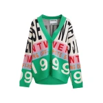 Green and multicolor graphic-intarsia cardigan