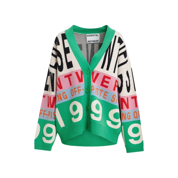 Green and multicolor graphic-intarsia cardigan