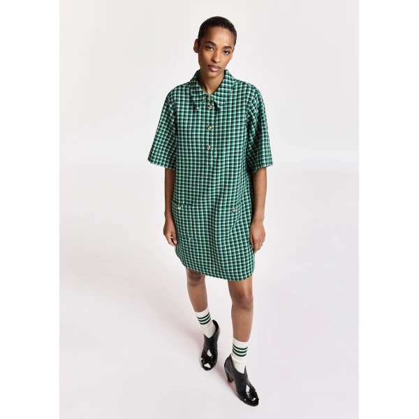 black and cream checked mini dress with patch pockets