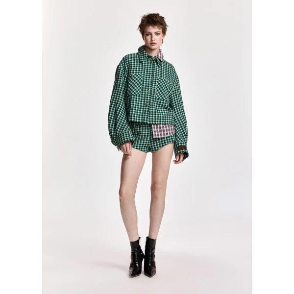 black and off-white checked wool-blend shorts
