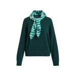 Green wool-blend sweater with embellished striped scarf detail