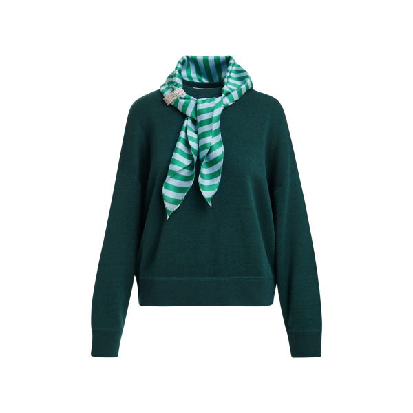 Green wool-blend sweater with embellished striped scarf detail