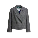 Grey and black cropped double-breasted checked blazer with underarm zip detail