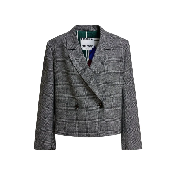 Grey and black cropped double-breasted checked blazer with underarm zip detail