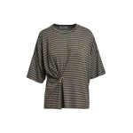 Grey and khaki striped T-shirt with gold statement brooch detail