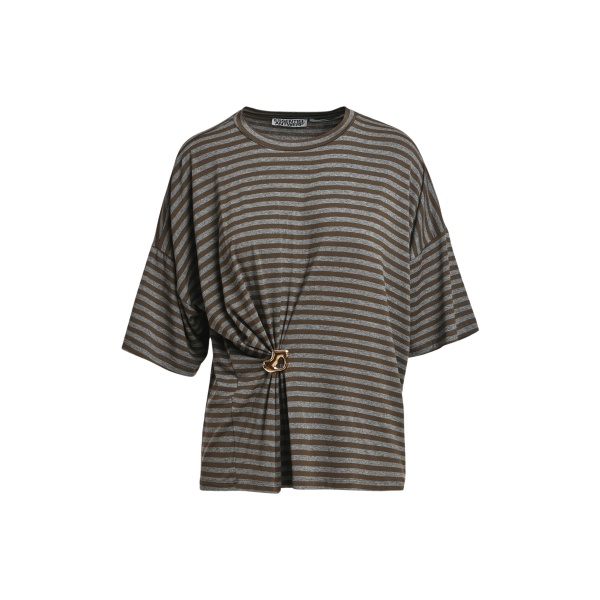 Grey and khaki striped T-shirt with gold statement brooch detail