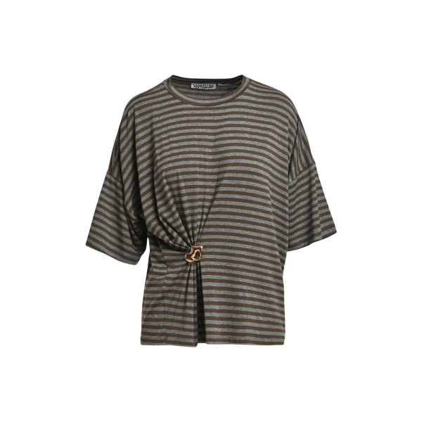 Grey and khaki striped T-shirt with gold statement brooch detail