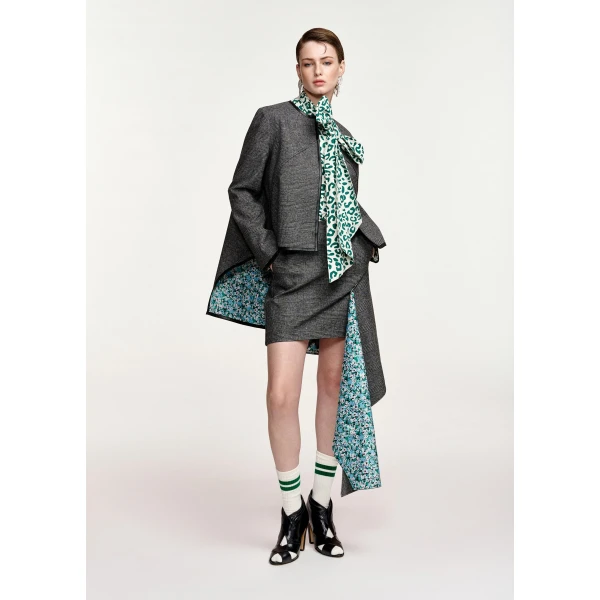 black and blue checked cape-like jacket with faux leather trims