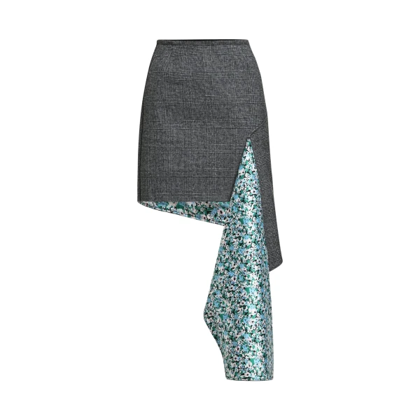 Grey draped checked mini skirt with blue and green floral underlay