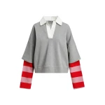 Grey layered cotton sweatshirt with red and pink striped sleeves