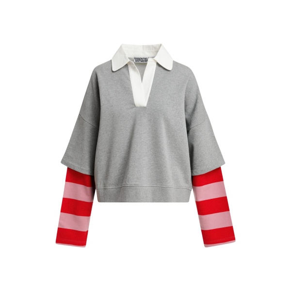 Grey layered cotton sweatshirt with red and pink striped sleeves