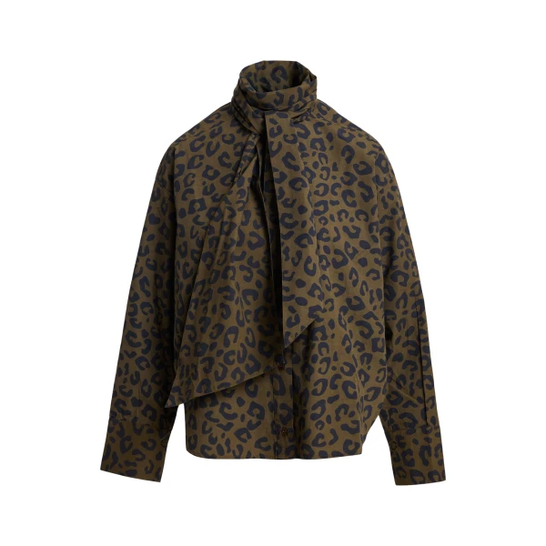 Khaki and navy leopard-print pussy-bow shirt
