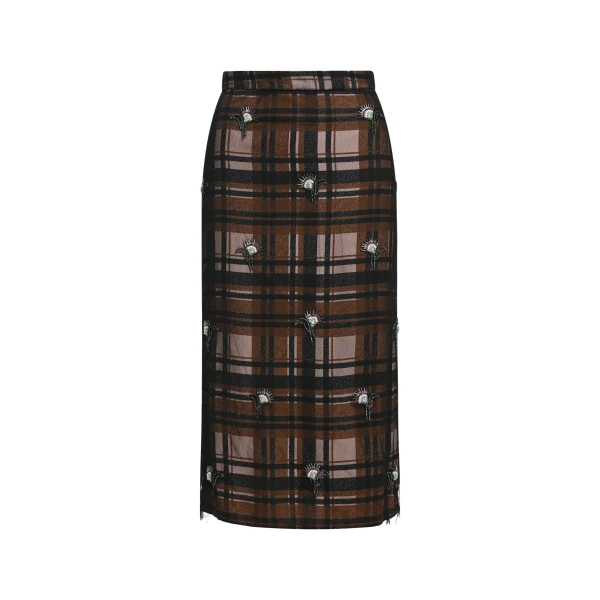 Khaki, black and light brown floral-embellished tulle midi skirt