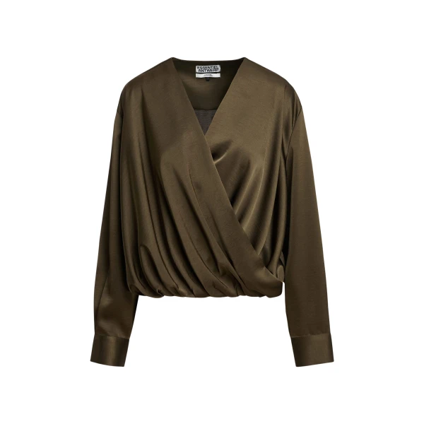 Khaki draped wrap top with V-neck