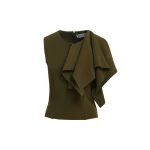 Khaki structured knitted top with draped ruffle detail
