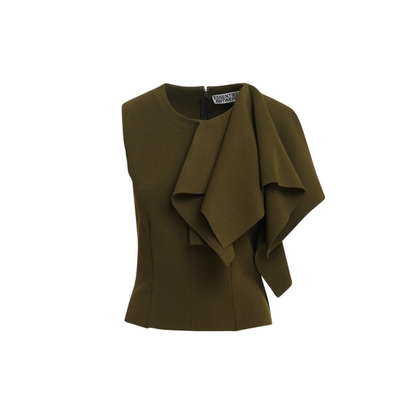 Khaki structured knitted top with draped ruffle detail