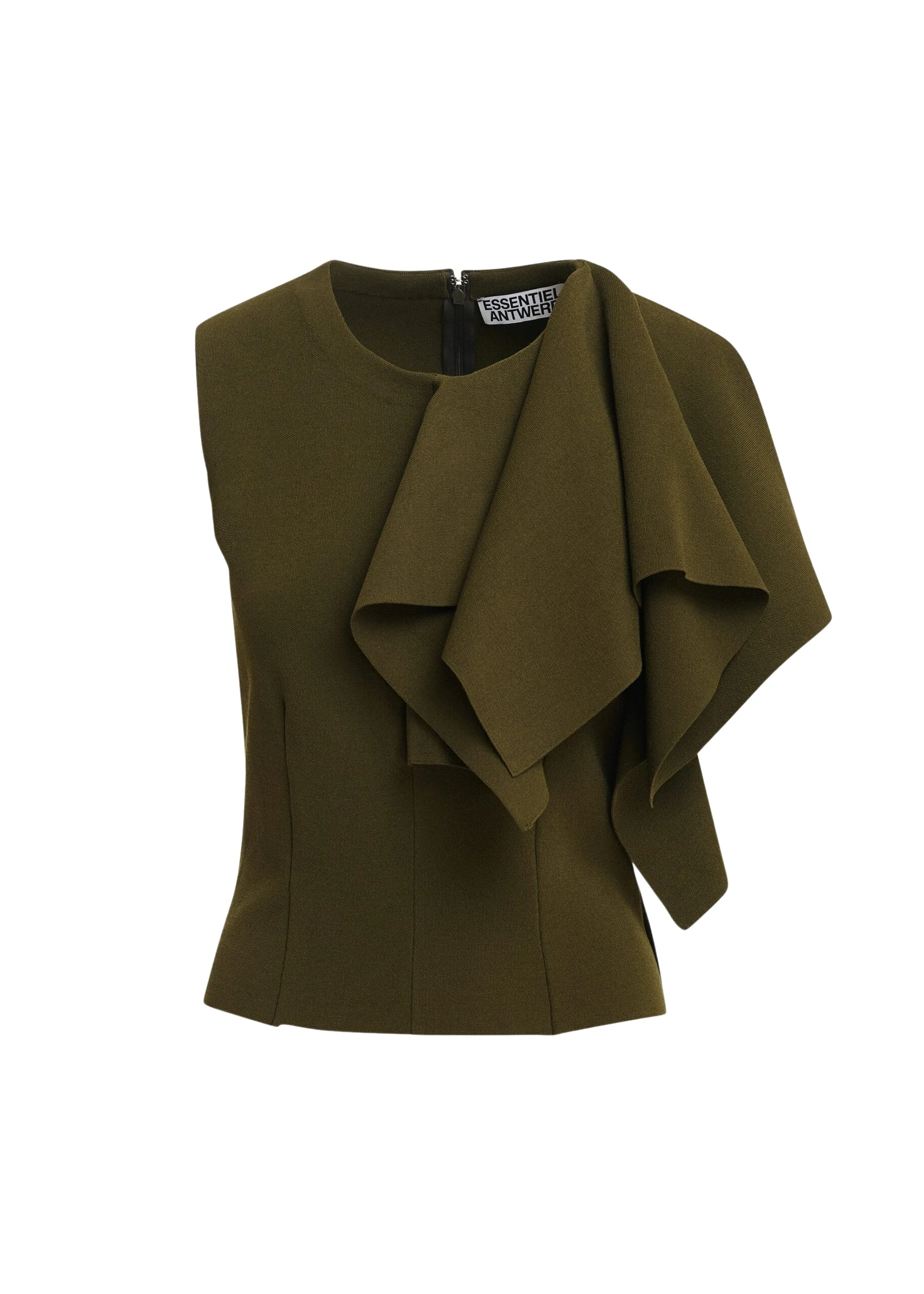 Essentiel-Antwerp-Khaki-structured-knitted-top-with-draped-ruffle-detail-scaled71011_nobg Khaki structured knitted top with draped ruffle detail