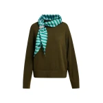 Khaki wool-blend sweater with embellished blue and green striped scarf detail