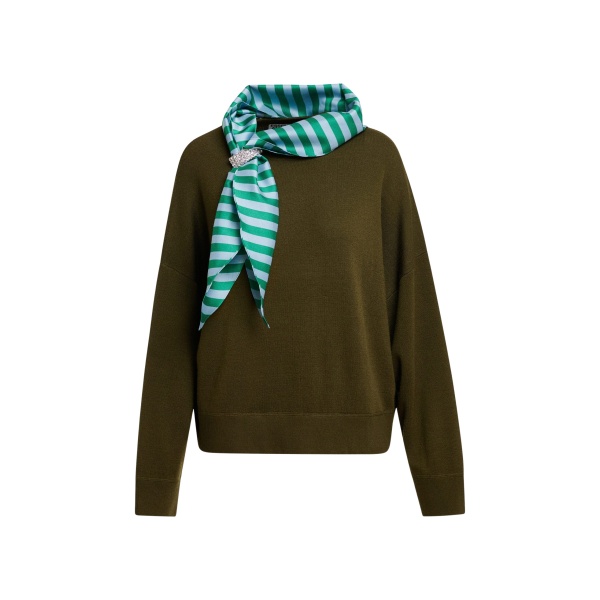Khaki wool-blend sweater with embellished blue and green striped scarf detail