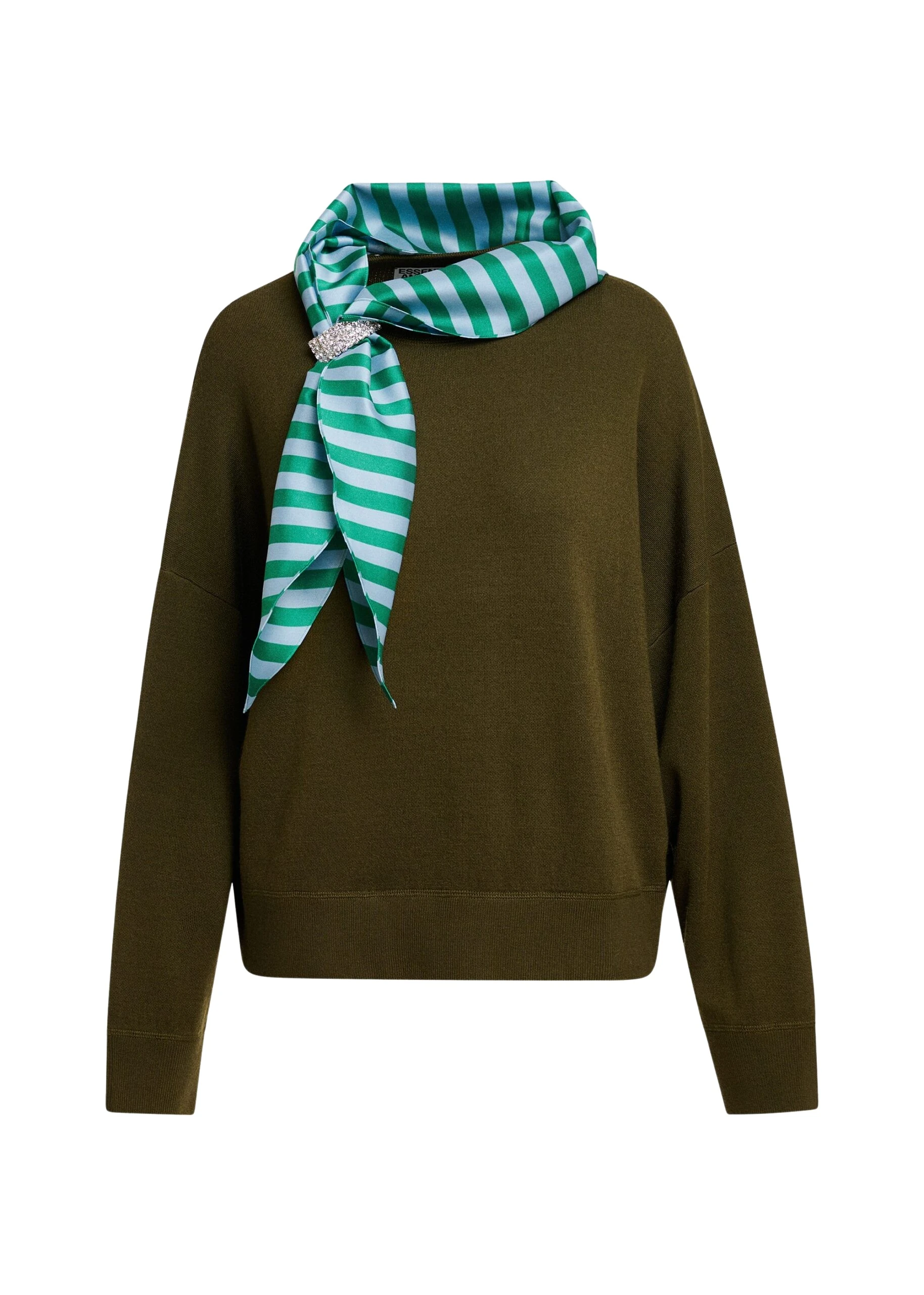 Essentiel-Antwerp-Khaki-wool-blend-sweater-with-embellished-blue-and-green-striped-scarf-detail-scaled33261_nobg Khaki wool-blend sweater with embellished blue and green striped scarf detail