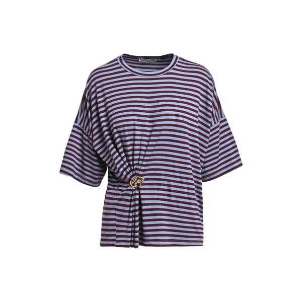 Light blue and burgudy striped T-shirt with gold statement brooch detail
