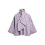 Light blue and dark red checked pussy-bow top with trumpet sleeves