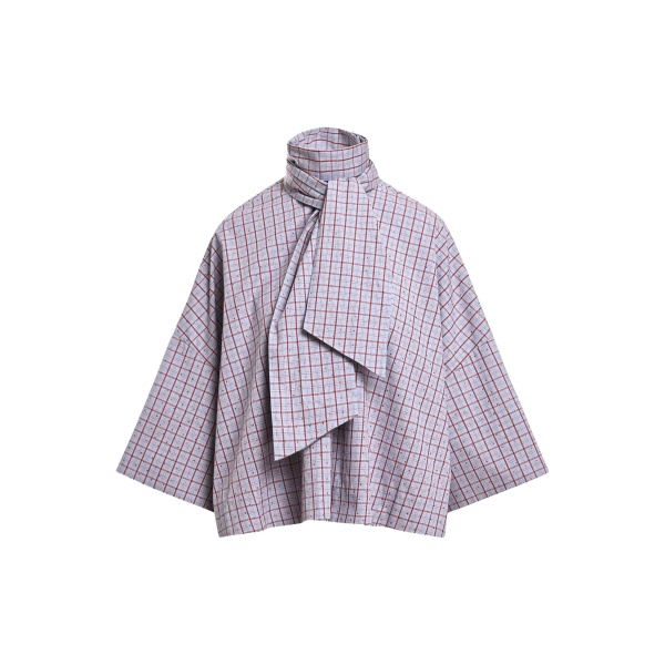 Light blue and dark red checked pussy-bow top with trumpet sleeves