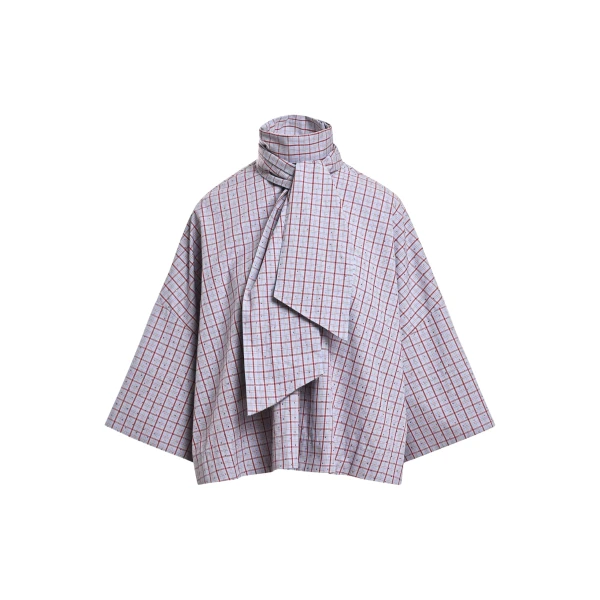 Light blue and dark red checked pussy-bow top with trumpet sleeves