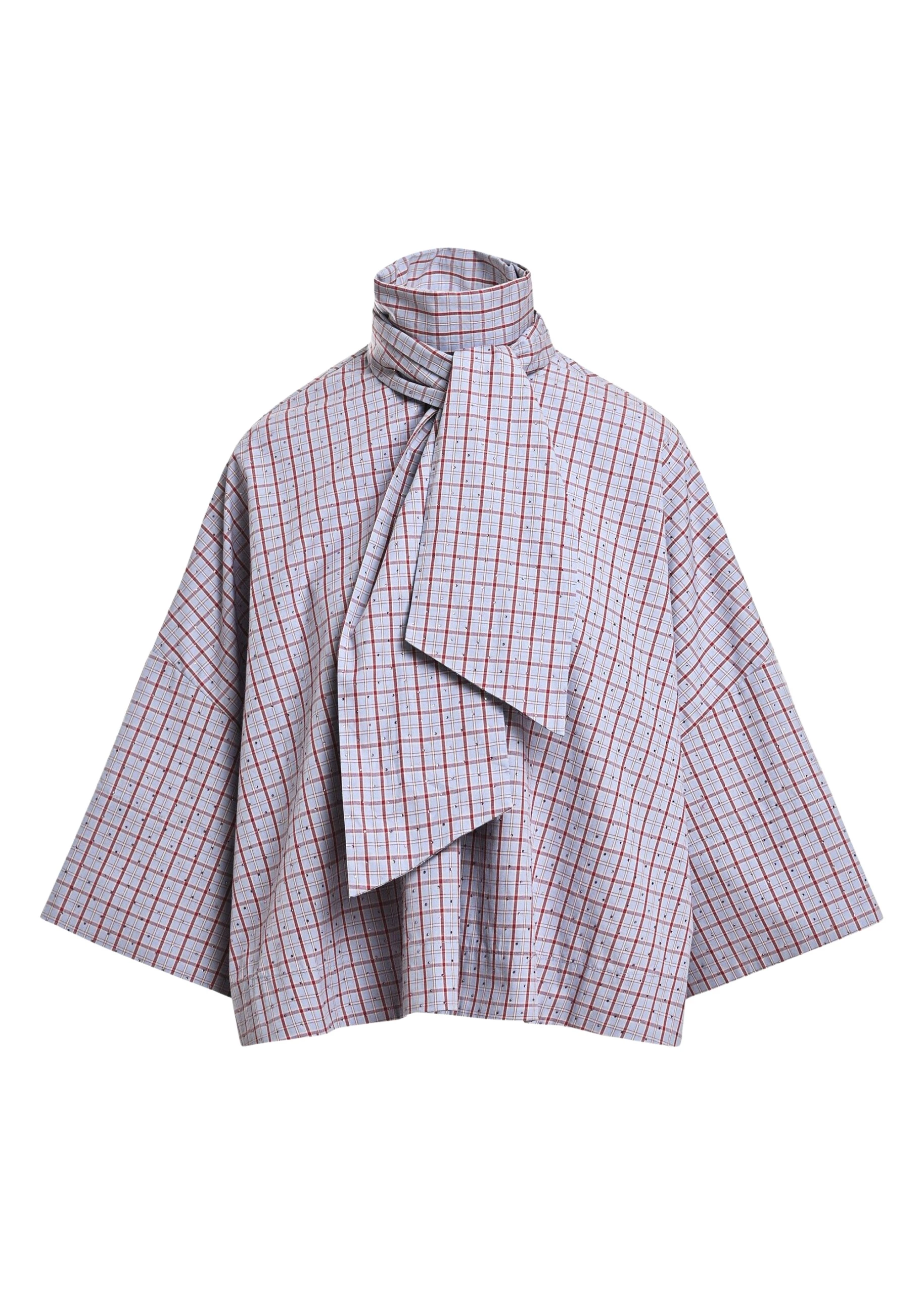 Essentiel-Antwerp-Light-blue-and-dark-red-checked-pussy-bow-top-with-trumpet-sleeves-scaled85602_nobg Light blue and dark red checked pussy-bow top with trumpet sleeves