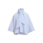 Light blue and white striped pussy-bow top with trumpet sleeves