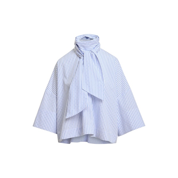 Light blue and white striped pussy-bow top with trumpet sleeves