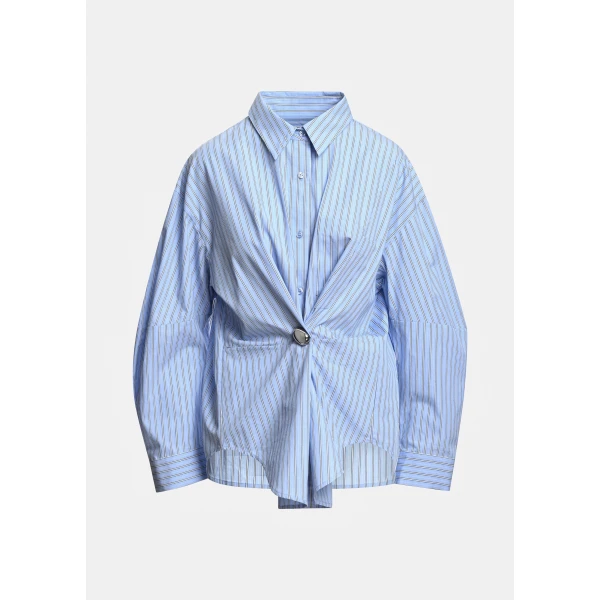 off-white and black oversized striped shirt with separate brooch