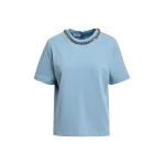 Light blue organic cotton T-shirt with chain-embellished neckline