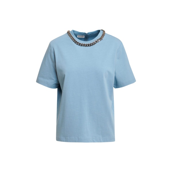 Light blue organic cotton T-shirt with chain-embellished neckline