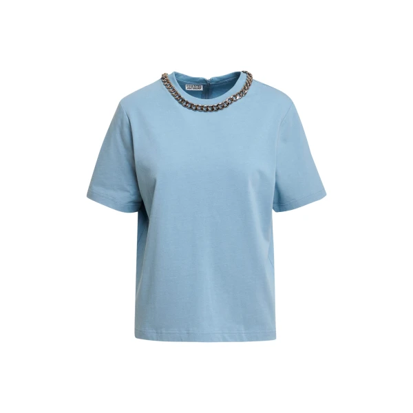Light blue organic cotton T-shirt with chain-embellished neckline