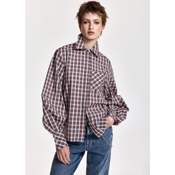 red and green rhinestone-embellished checked cotton shirt