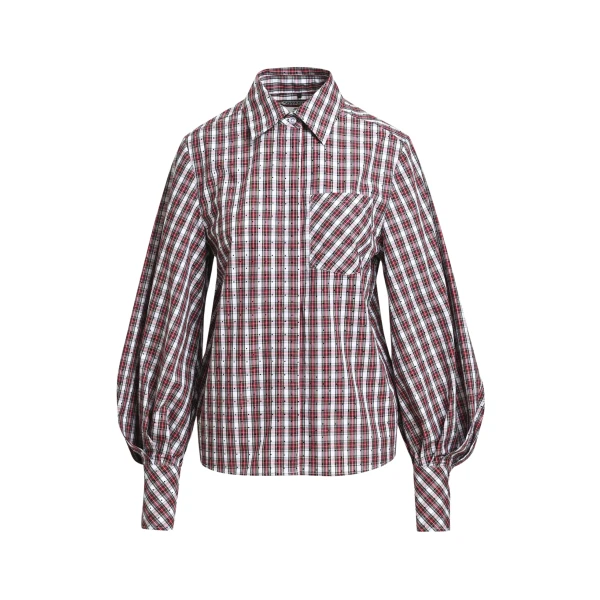 Light blue, red and green rhinestone-embellished checked cotton shirt