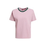 Light pink T-shirt with dark green embellished collar